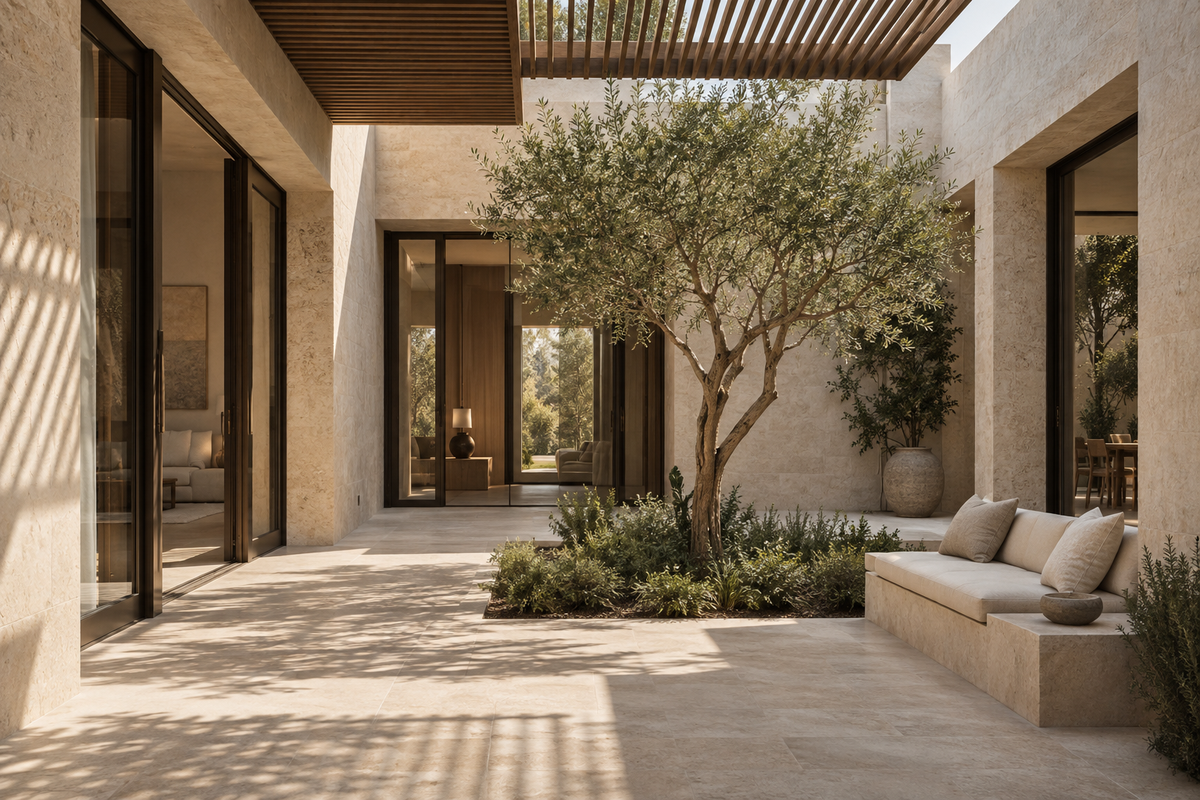 تصور معماري توضيحي لفناء داخلي هادئ