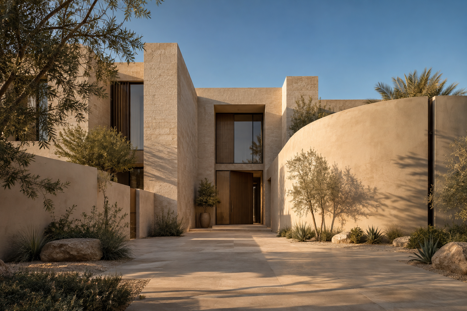 تصور معماري توضيحي لواجهة منزل بكتل نحتية